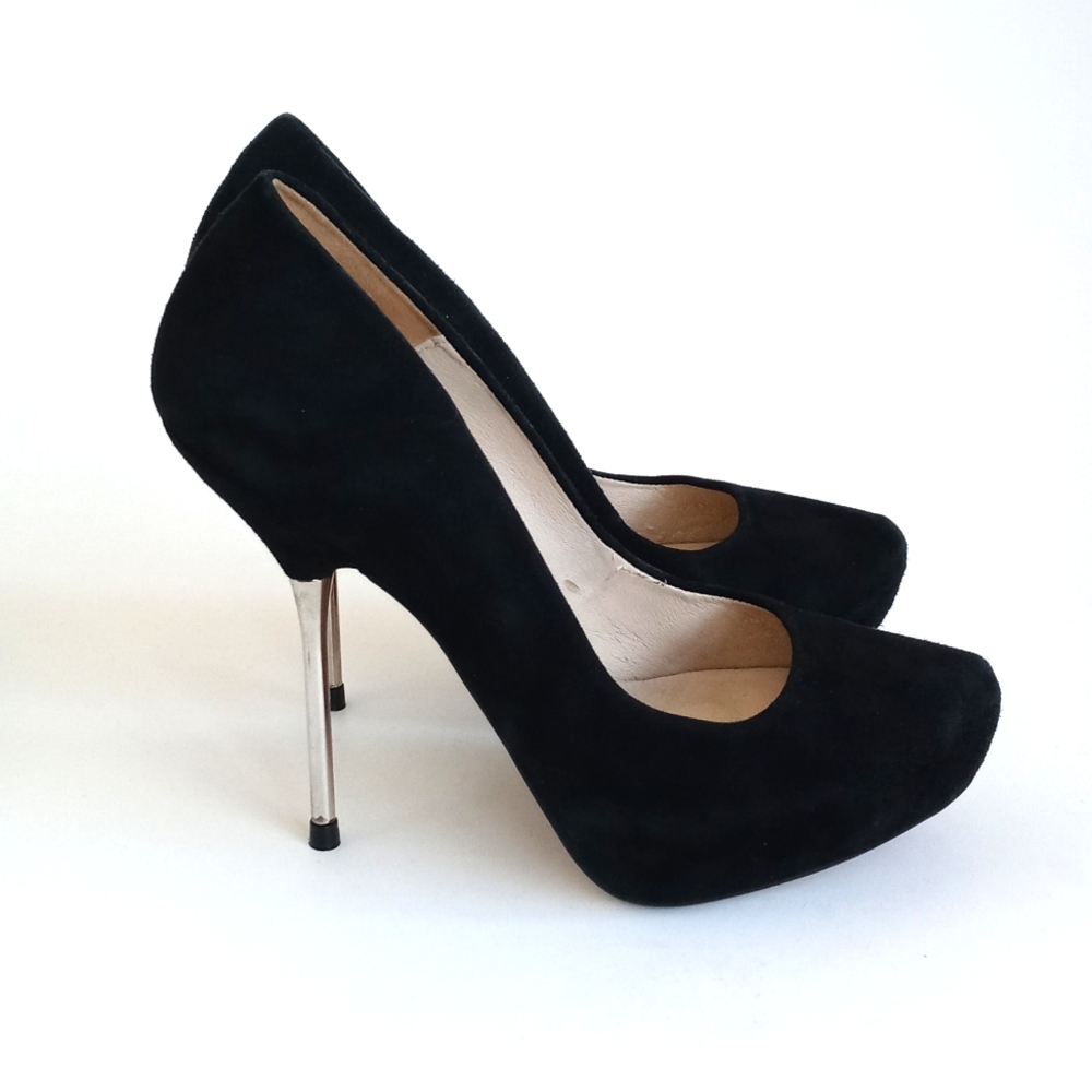 Vintage Zara Woman Elegant Black Leather Suede Steel Chrome 5” Heels 38 (7.5)